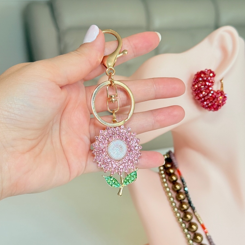 Pink and Green Crystal Sunflower Keychain - Picture 5 of 7